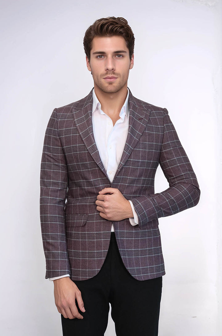 Blazer Hombre Slim Fit Cuadros Burdeos - Wessi