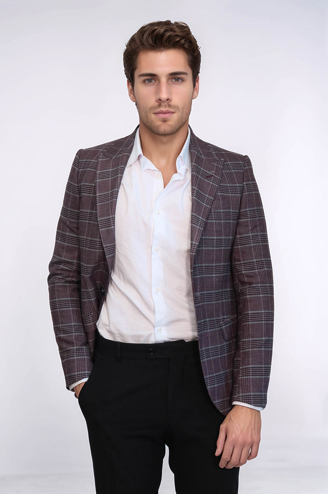 Blazer Hombre Slim Fit Cuadros Burdeos - Wessi