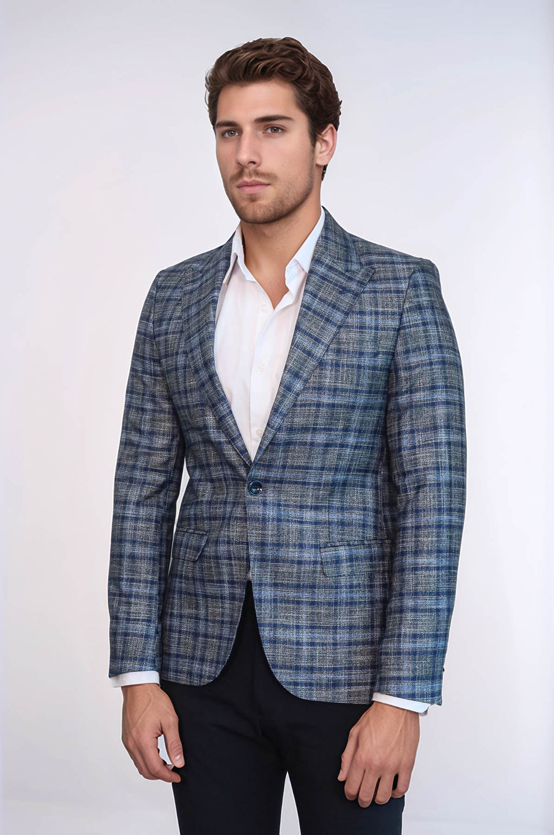 Blazer da uomo blu navy a quadri slim fit con bottone singolo - Wessi