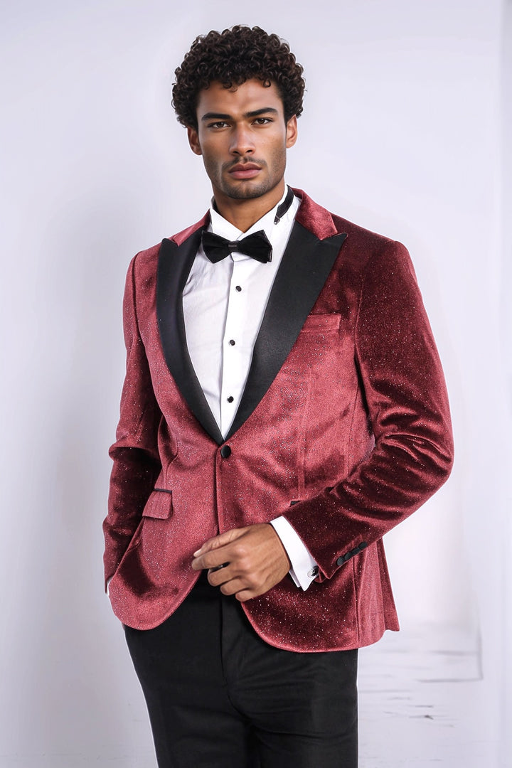 Blazer de graduación para hombre Sparkle Slim Fit de terciopelo burdeos - Wessi