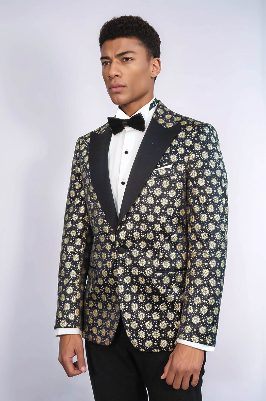 Blazer da ballo da uomo blu navy con risvolto a punta con motivo floreale - Wessi