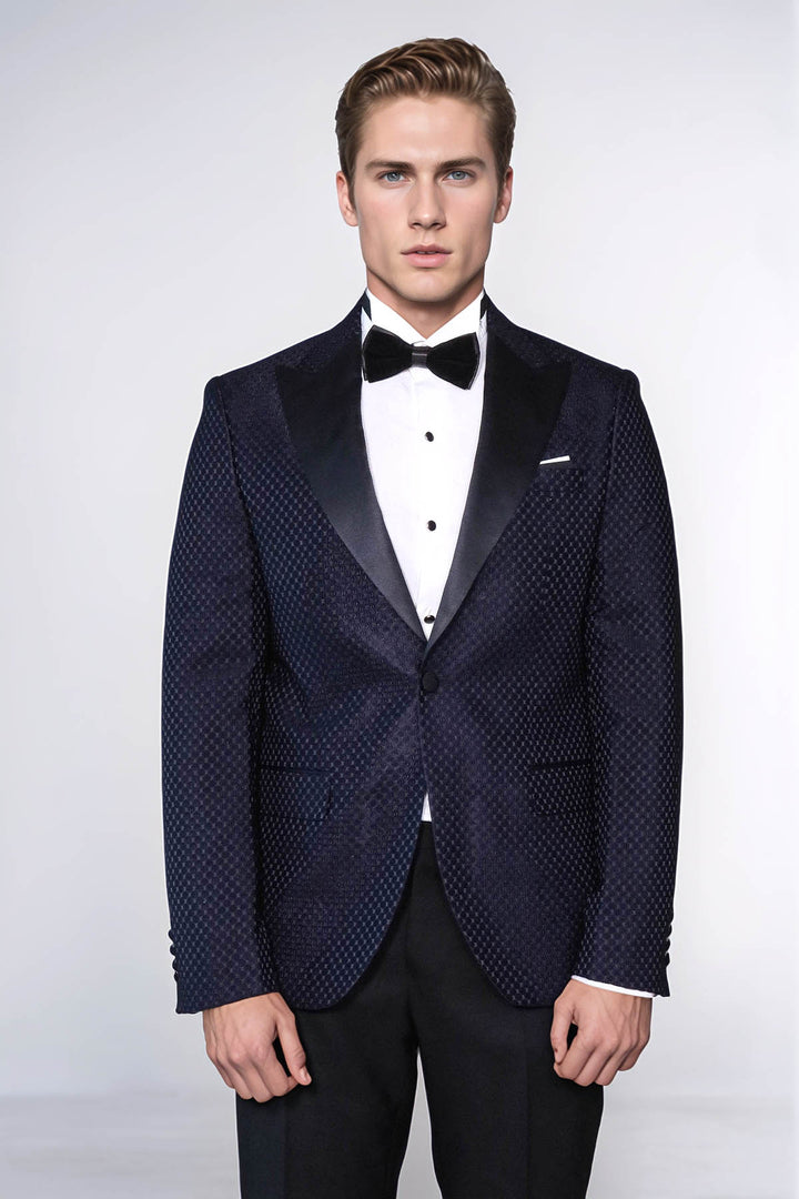 Сатиновый пиджак с лацканами текстурированный мужской Navy Blue смокинг - Wessi