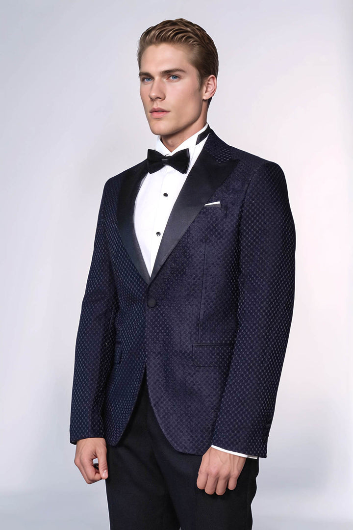 Сатиновый пиджак с лацканами текстурированный мужской Navy Blue смокинг - Wessi