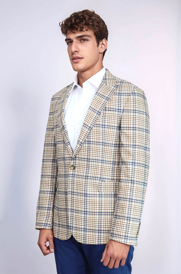 Blazer Hombre Slim Fit Cuadros Marrón Azul - Wessi