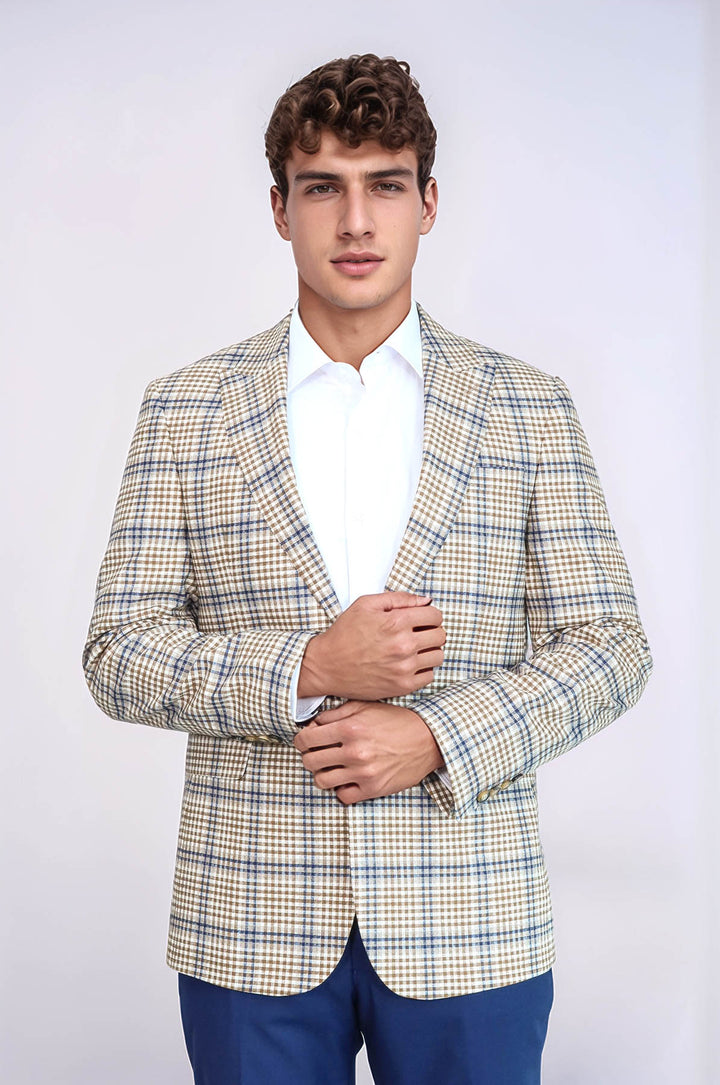 Blazer Hombre Slim Fit Cuadros Marrón Azul - Wessi