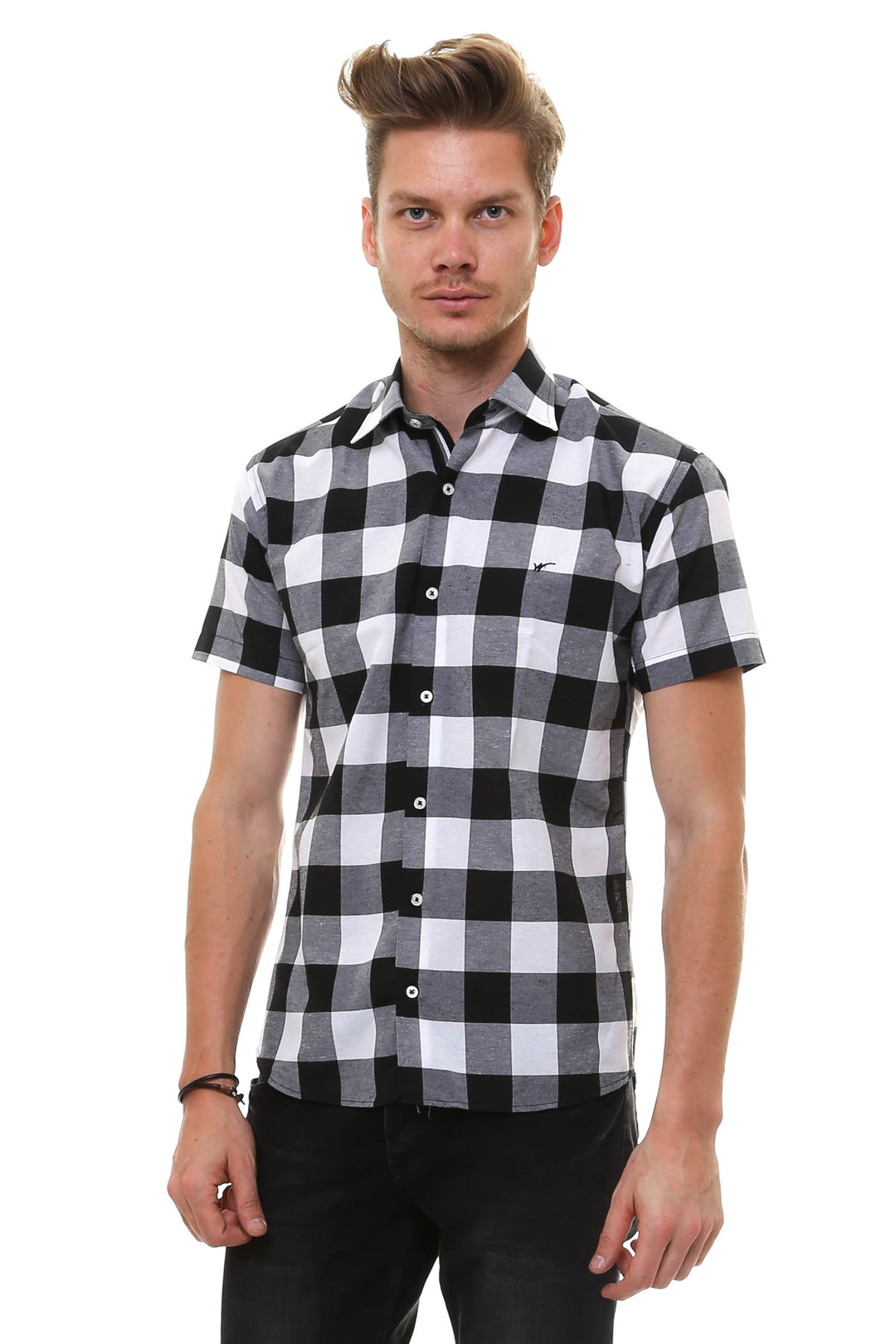 Camicia da uomo bianca-nera a maniche corte a quadri - Wessi