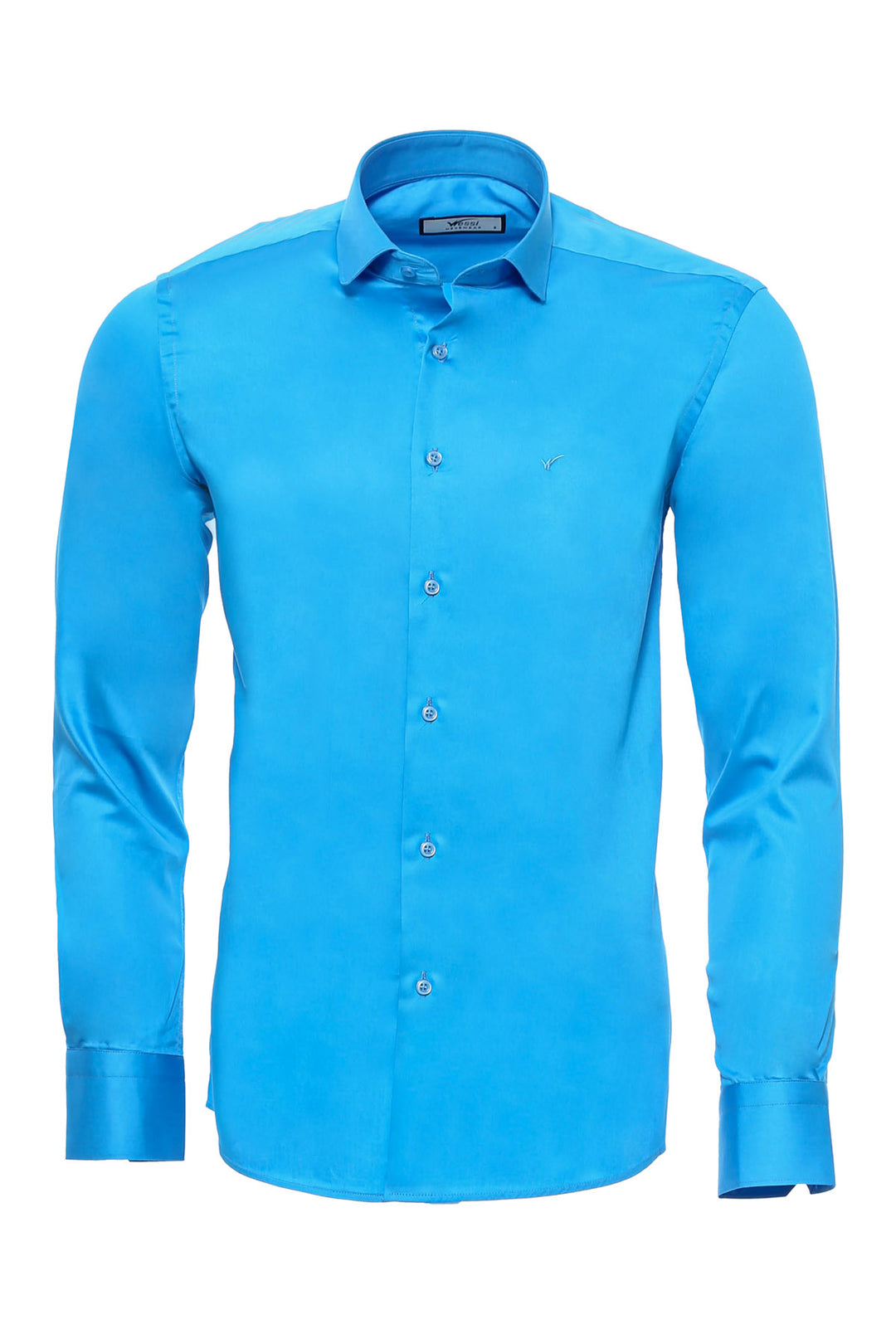 Мужская рубашка из хлопкового атласа с длинными рукавами Slim Fit Бирюзового цвета - Wessi