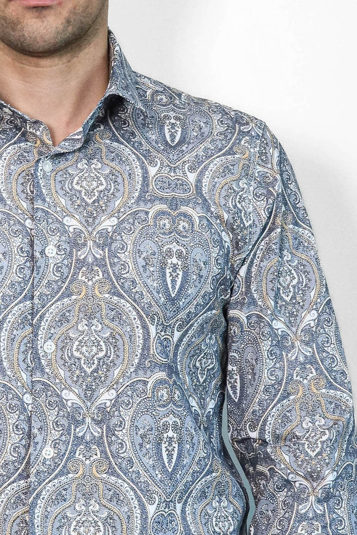 Camicia slim fit blu con motivo damascato - Wessi