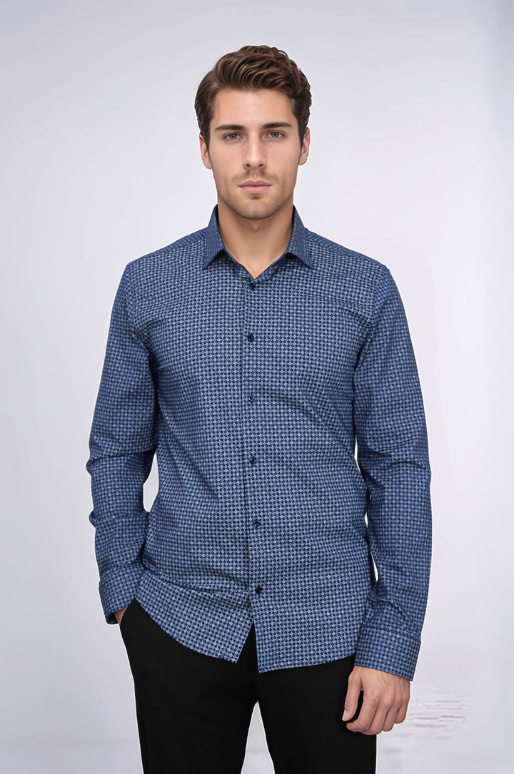 Camicia da uomo slim fit blu navy con motivo pied de poule - Wessi