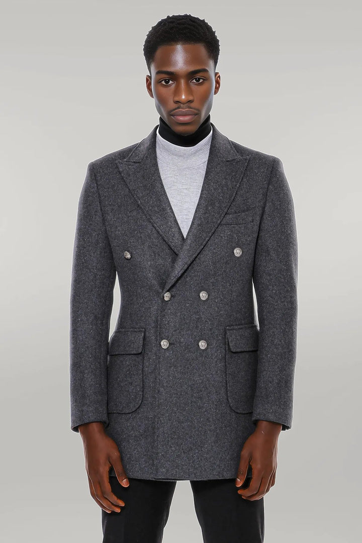Cappotto lungo doppiopetto con bottoni in metallo grigio scuro - Wessi