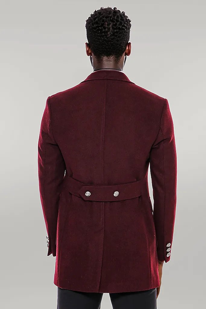 Cappotto lungo da uomo bordeaux doppiopetto con bottoni in metallo - Wessi