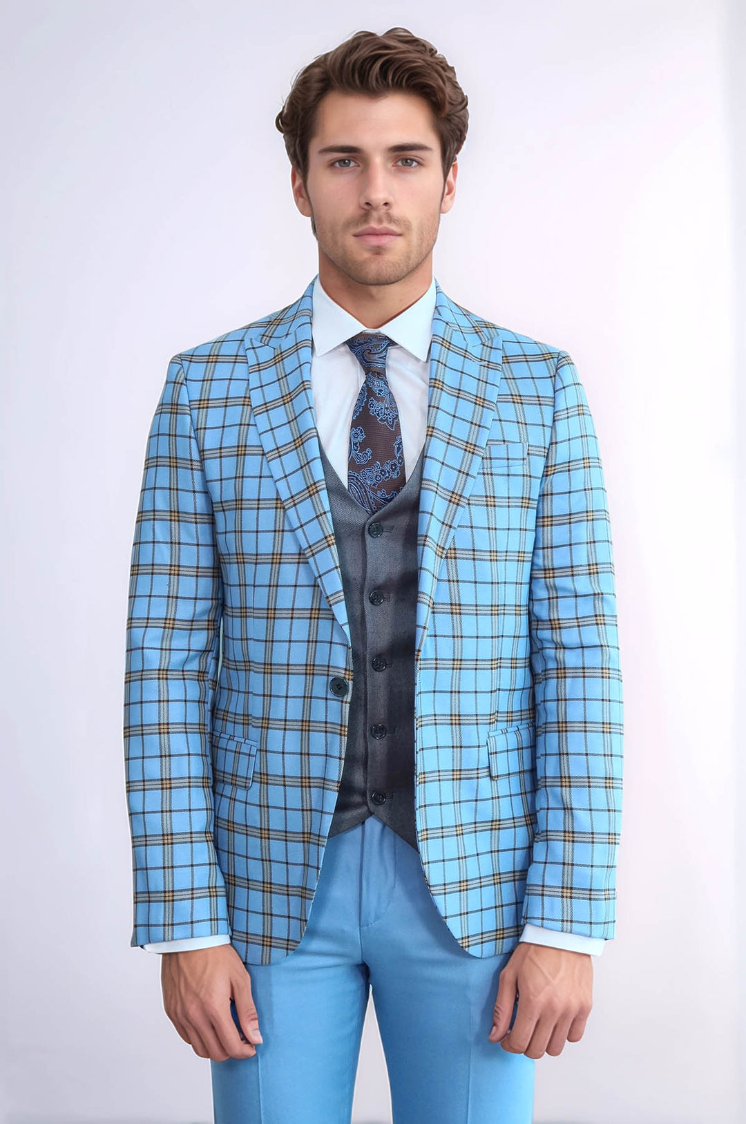 Grey Vested Slim Fit Checked Light Blue Men Suit - Wessi