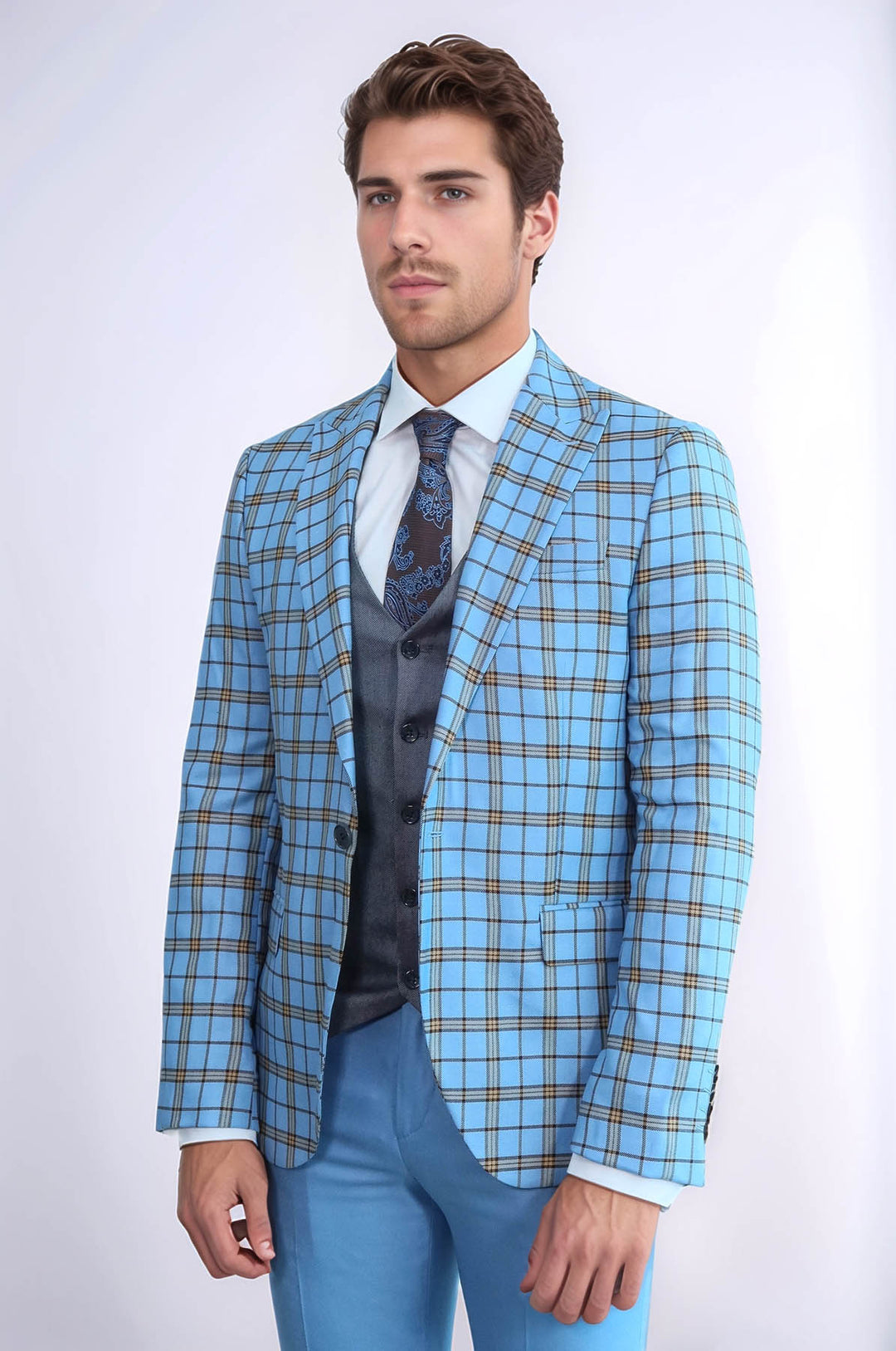 Grey Vested Slim Fit Checked Light Blue Men Suit - Wessi