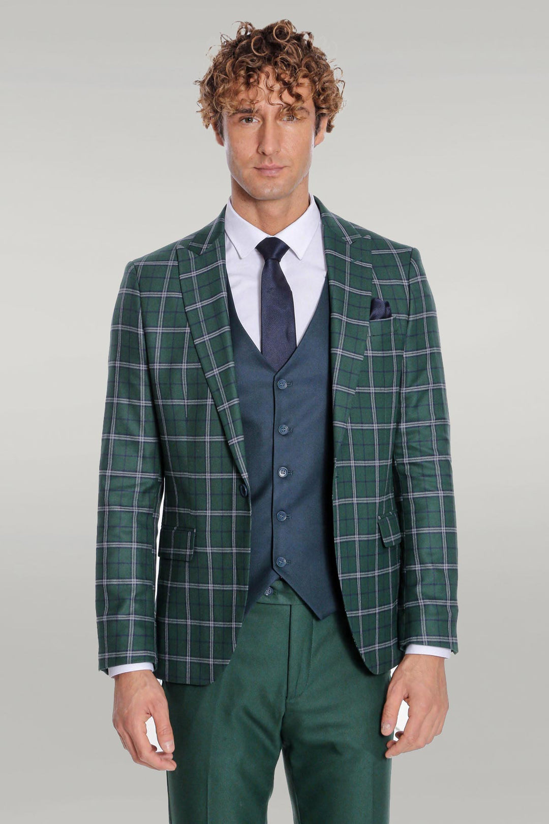 Costume Homme Bleu Veste Slim Fit À Carreaux Vert - Wessi