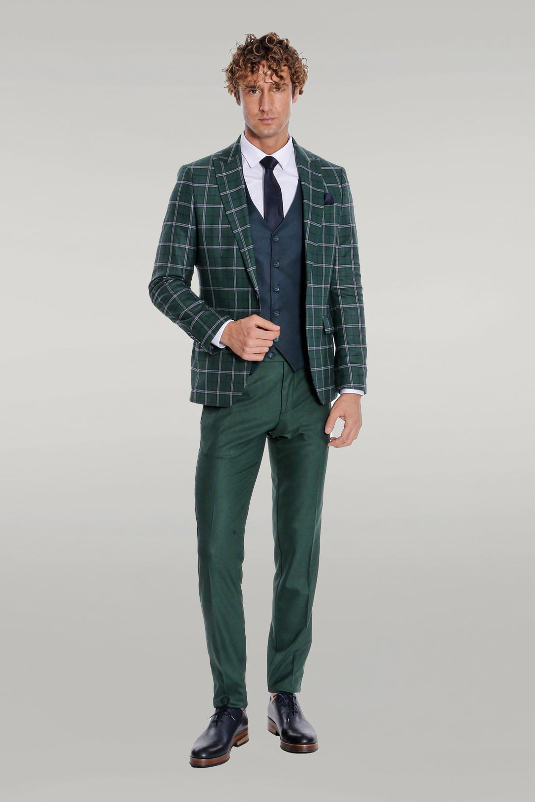 Costume Homme Bleu Veste Slim Fit À Carreaux Vert - Wessi
