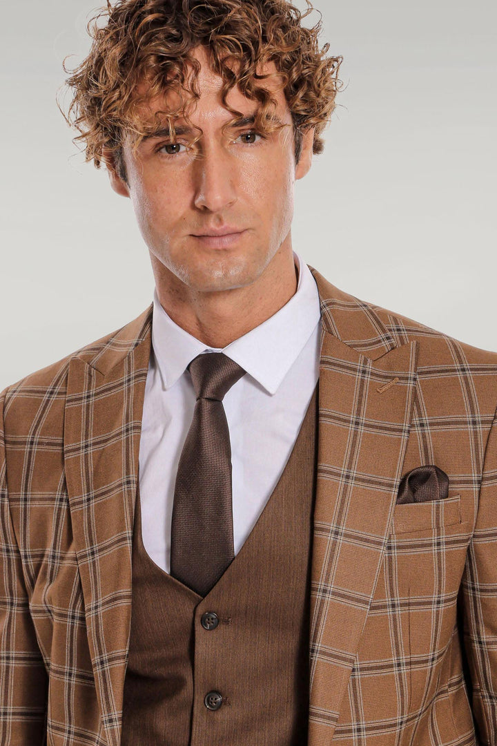 Costume Homme Marron Coupe Slim à Motifs à Carreaux - Wessi