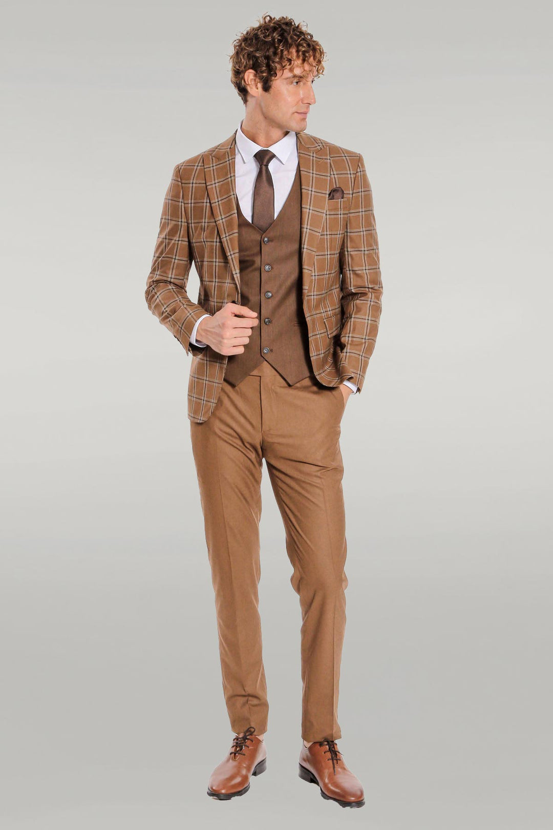 Costume Homme Marron Coupe Slim à Motifs à Carreaux - Wessi