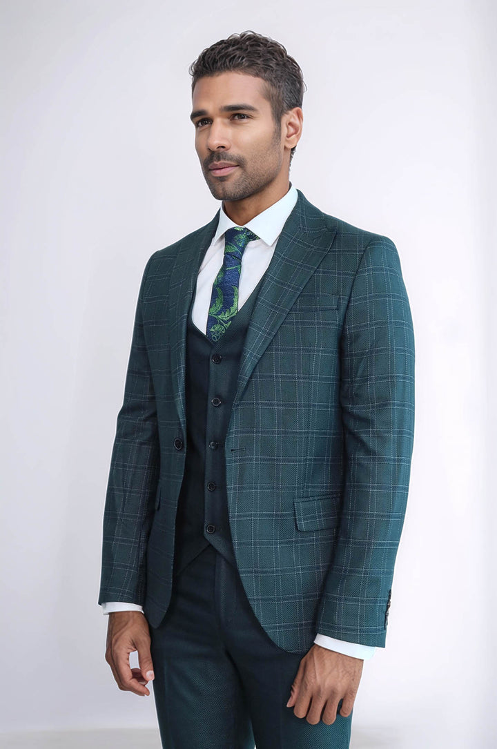 بدلة رجالية خضراء بقصّة Slim Fit منقوشة - Wessi