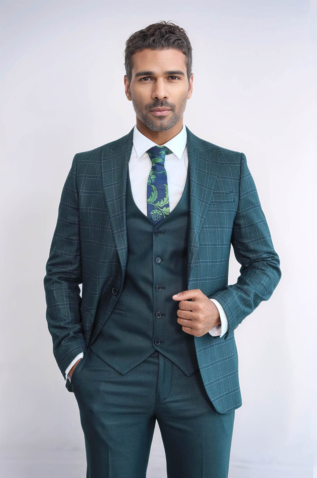 بدلة رجالية خضراء بقصّة Slim Fit منقوشة - Wessi