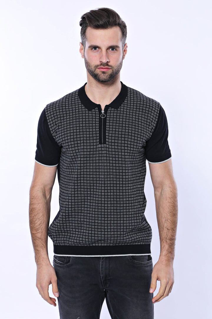 T-shirt polo lavorata a maglia con cerniera scozzese nera | Wess