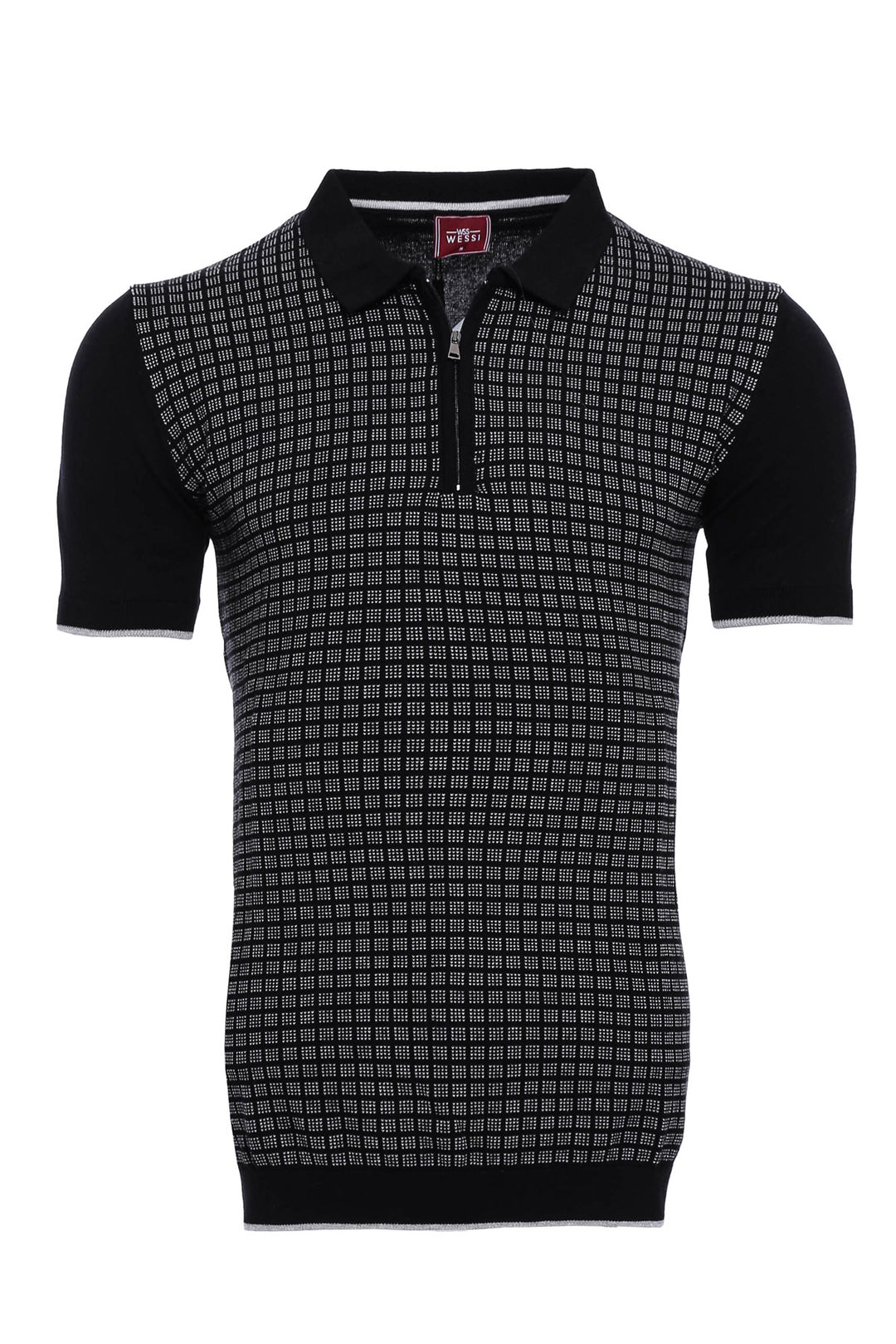T-shirt polo lavorata a maglia con cerniera scozzese nera | Wess