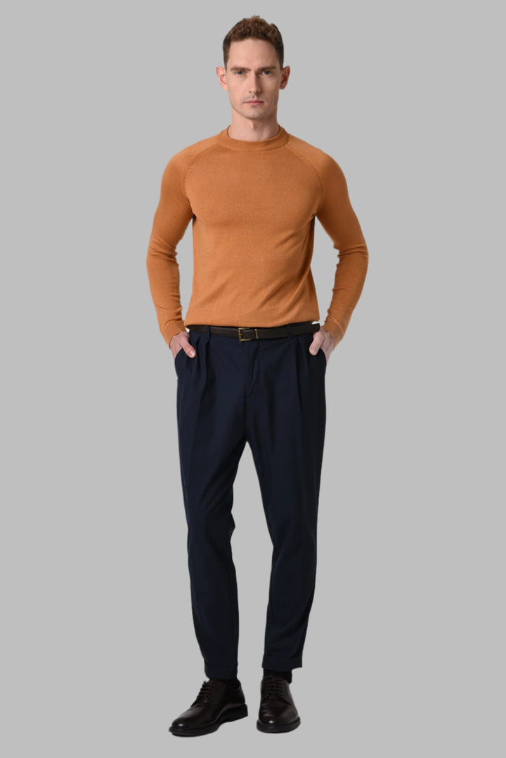 Pull en tricot coupe ajustée à col rond Tabac pour hommes - Wessi