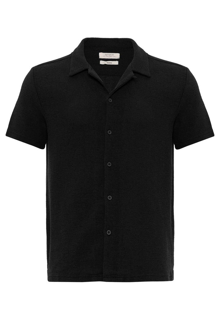 Camicia da uomo con colletto camp testurizzato in maglia nera - Wessi