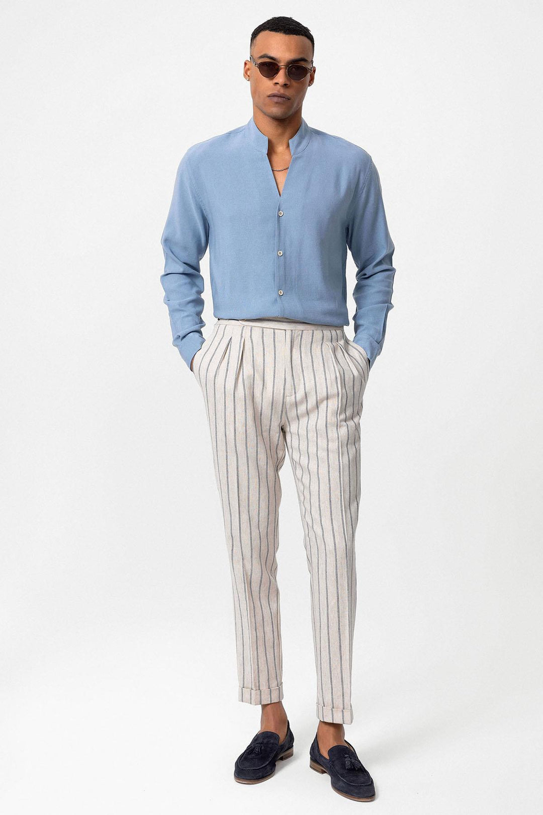 Camicia a maniche lunghe con colletto alla coreana blu baby da uomo - Wessi