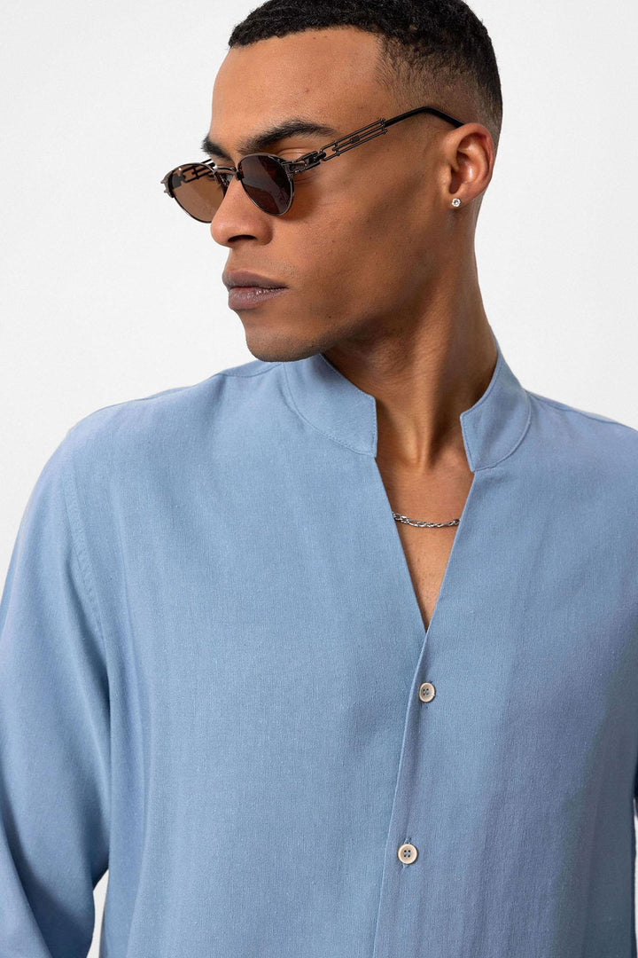 Camicia a maniche lunghe con colletto alla coreana blu baby da uomo - Wessi
