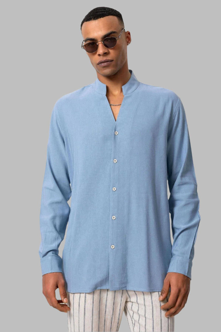 Camicia a maniche lunghe con colletto alla coreana blu baby da uomo - Wessi
