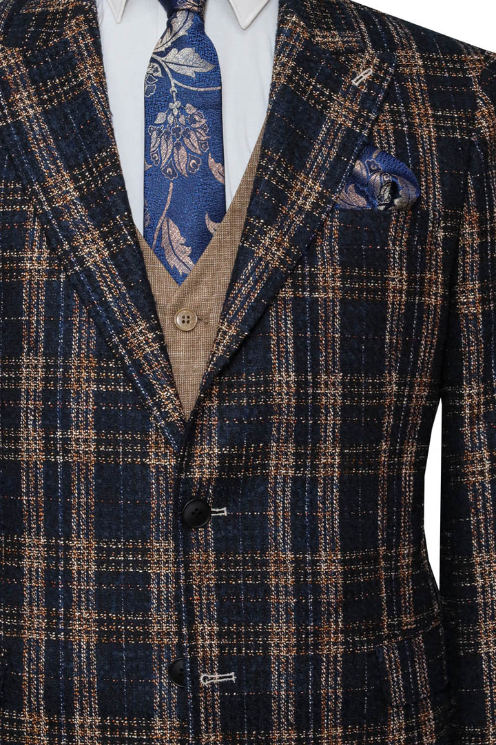 Navy Blue Giacca a quadri, Beige Gilet, White Camicia, e Navy Blue Pantaloni Combo - Wessi Look Moderno Classico
