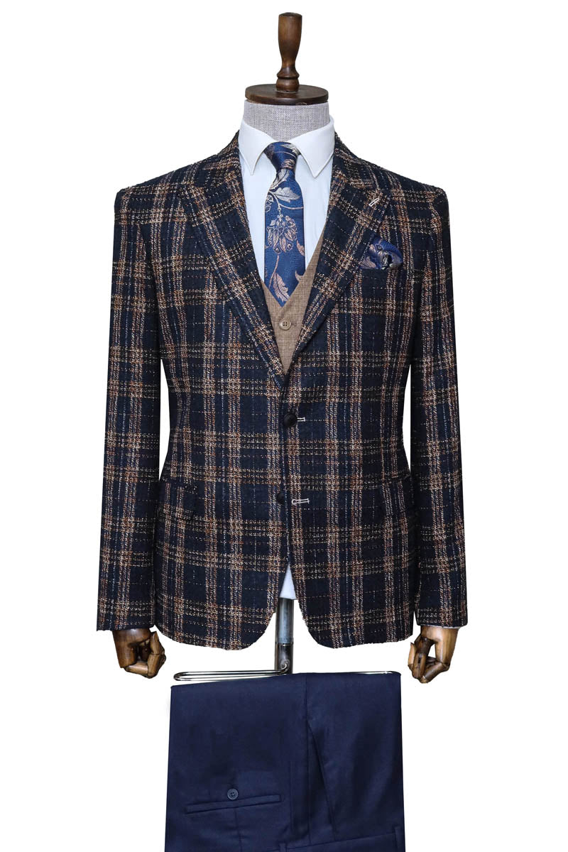 Navy Blue Giacca a quadri, Beige Gilet, White Camicia, e Navy Blue Pantaloni Combo - Wessi Look Moderno Classico