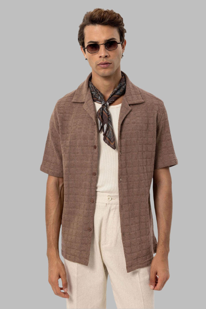 Camicia in tessuto marrone con colletto Camp da uomo - Wessi