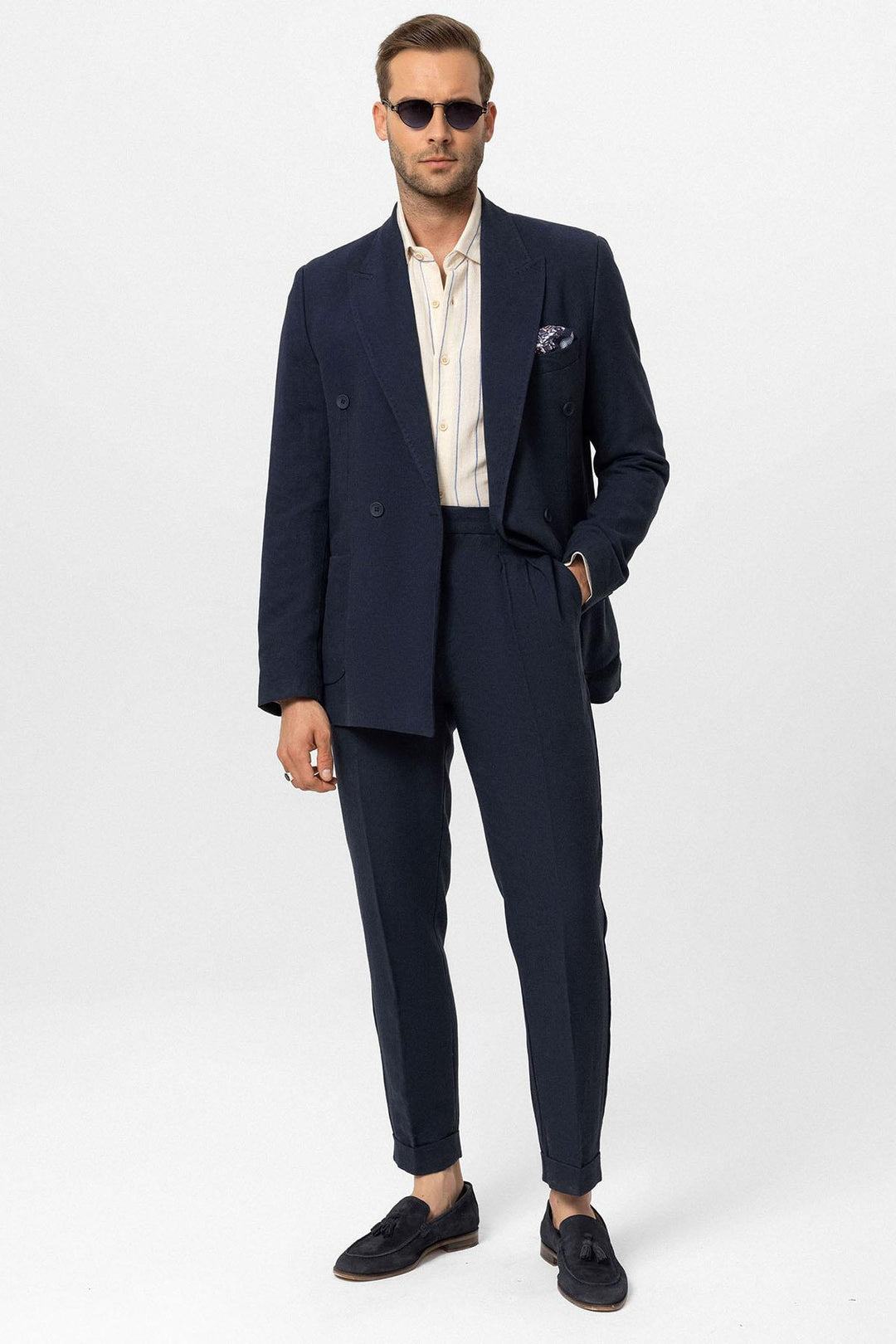 Men's Navy Blue Navy Double-Breasted Linen Blend Jacket - Wessi