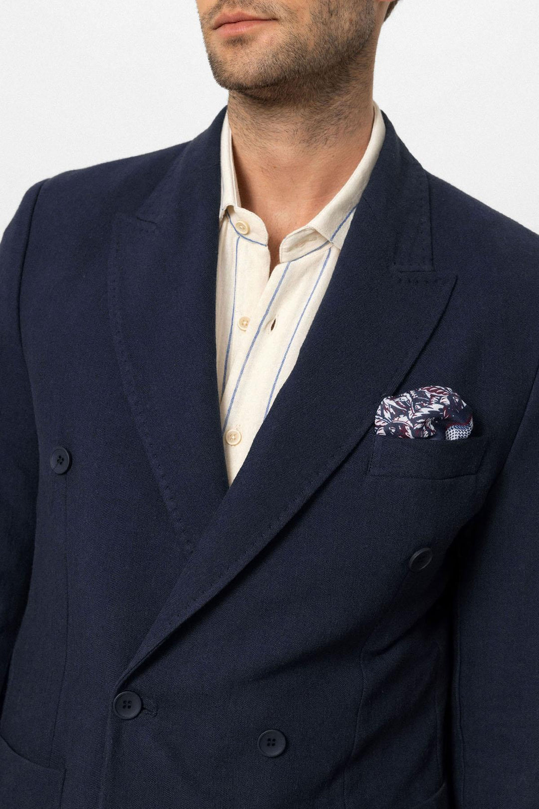 Men's Navy Blue Navy Double-Breasted Linen Blend Jacket - Wessi