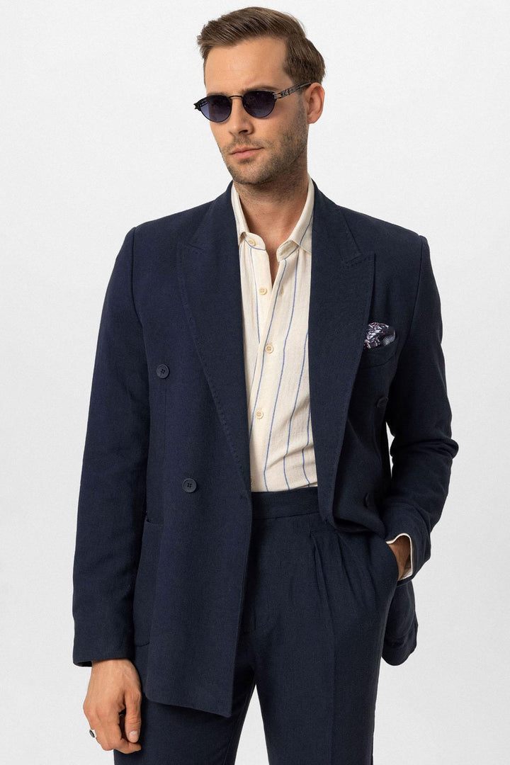 Men's Navy Blue Navy Double-Breasted Linen Blend Jacket - Wessi