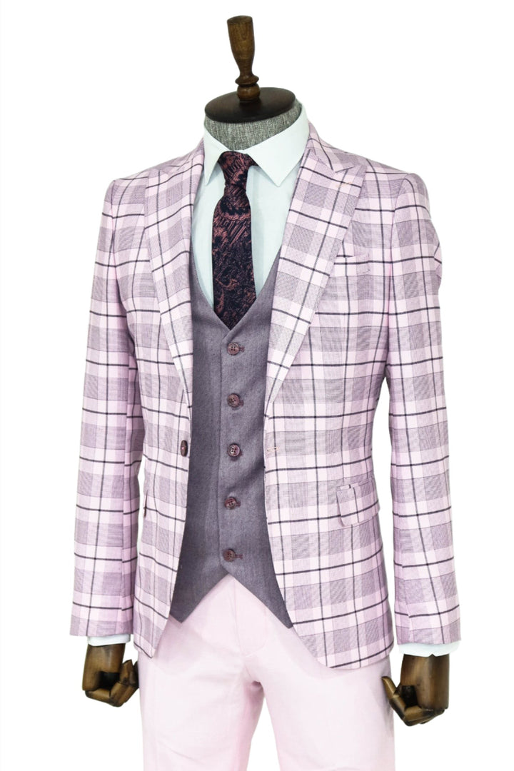 Checked Slim Fit Pink Men Suit and Shirt Combination - Wessi