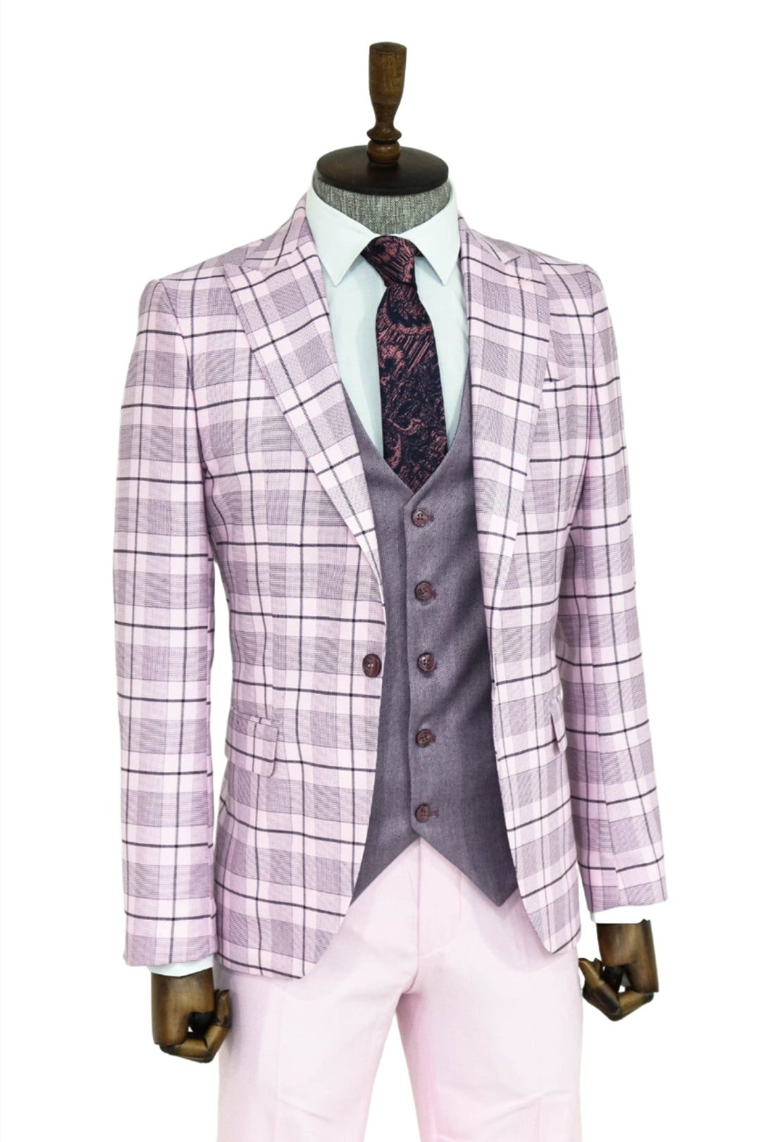 Checked Slim Fit Pink Men Suit and Shirt Combination - Wessi