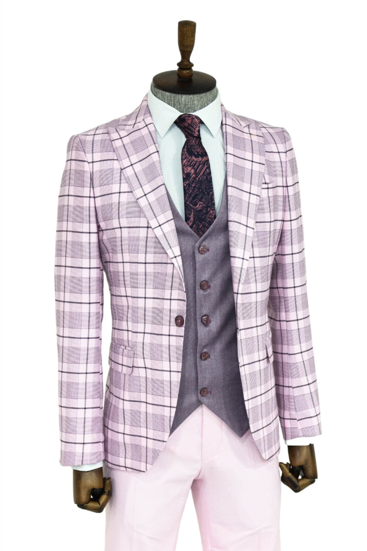 Checked Slim Fit Pink Men Suit and Shirt Combination - Wessi