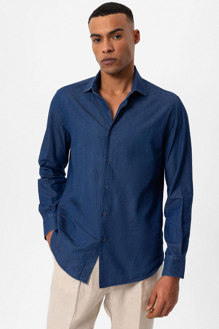 Camicia in denim a maniche lunghe blu navy da uomo - Wessi
