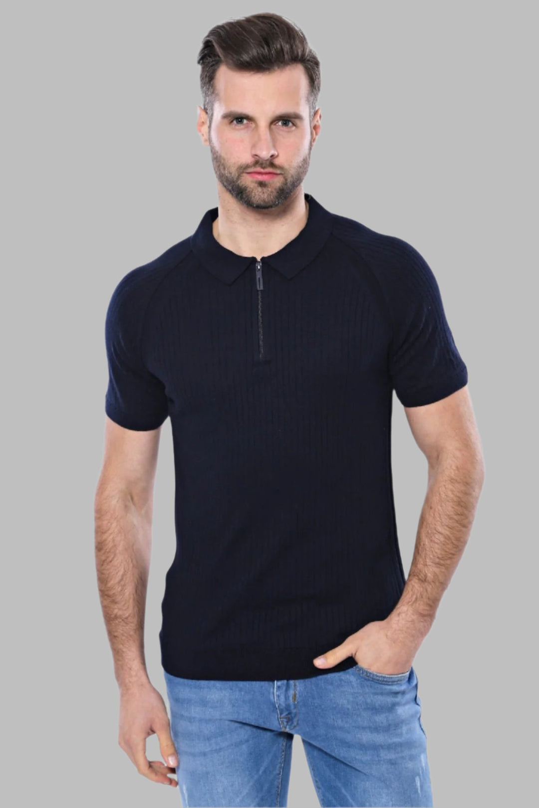 T-shirt da uomo blu navy lavorata a maglia tricot con motivi - Wessi