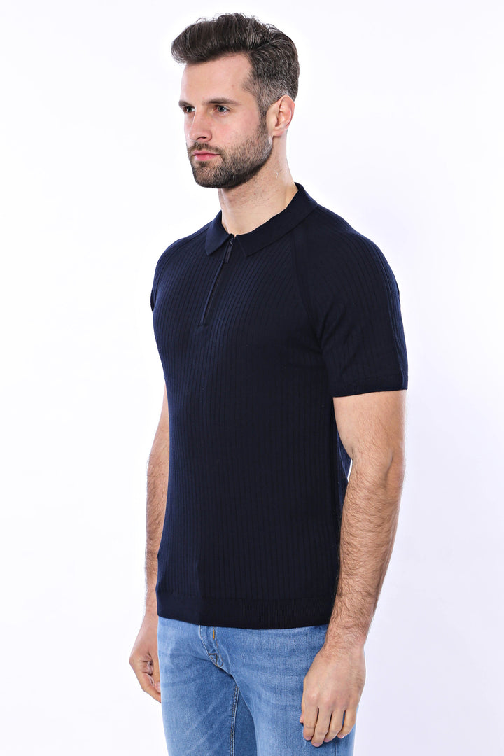 T-shirt da uomo blu navy lavorata a maglia tricot con motivi - Wessi