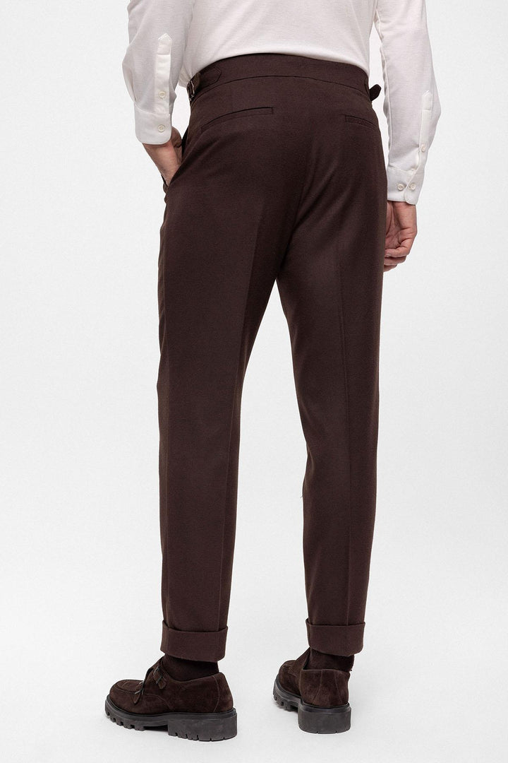 Men's Brown Wool Look High Waist Pleated Pants - Wessi
