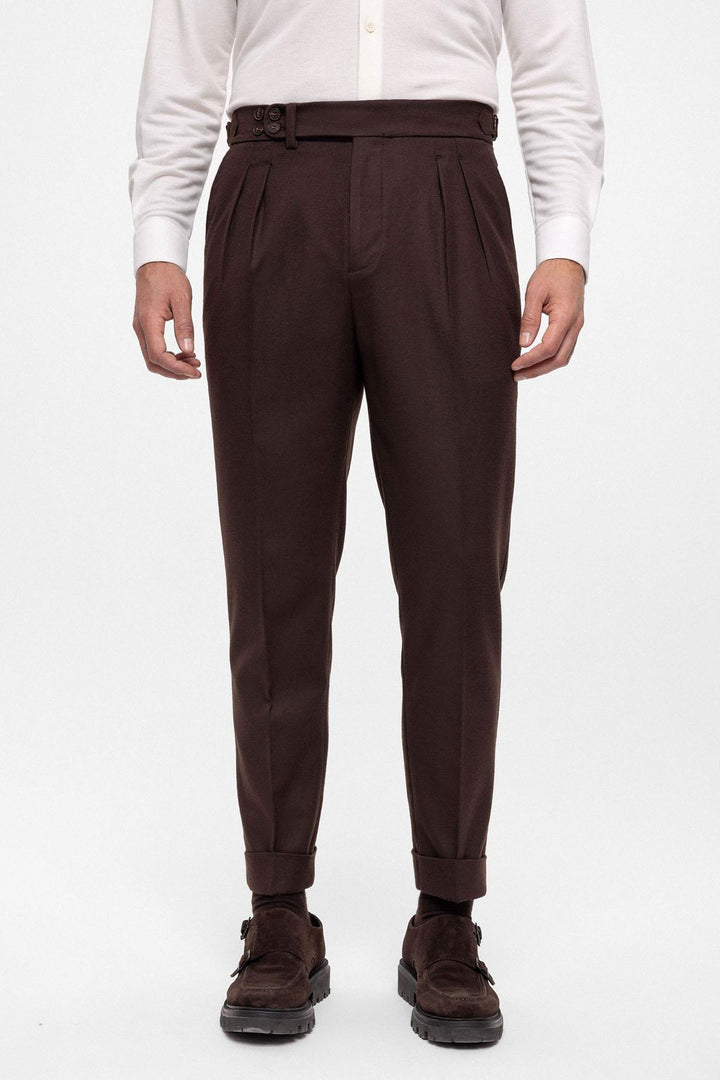 Men's Brown Wool Look High Waist Pleated Pants - Wessi