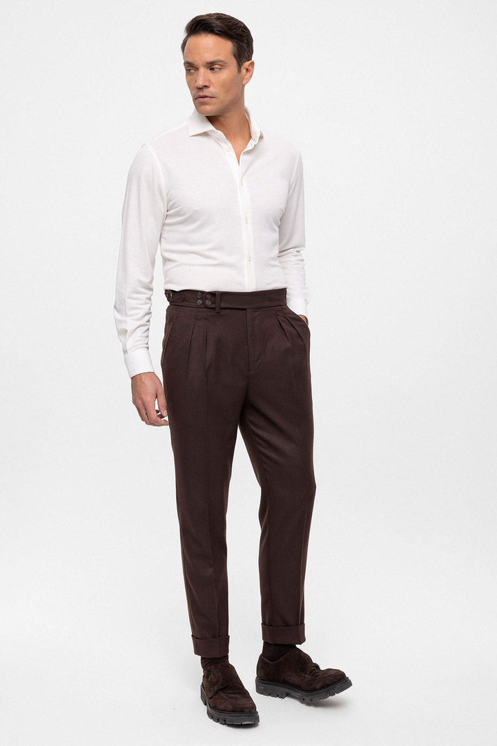 Men's Brown Wool Look High Waist Pleated Pants - Wessi
