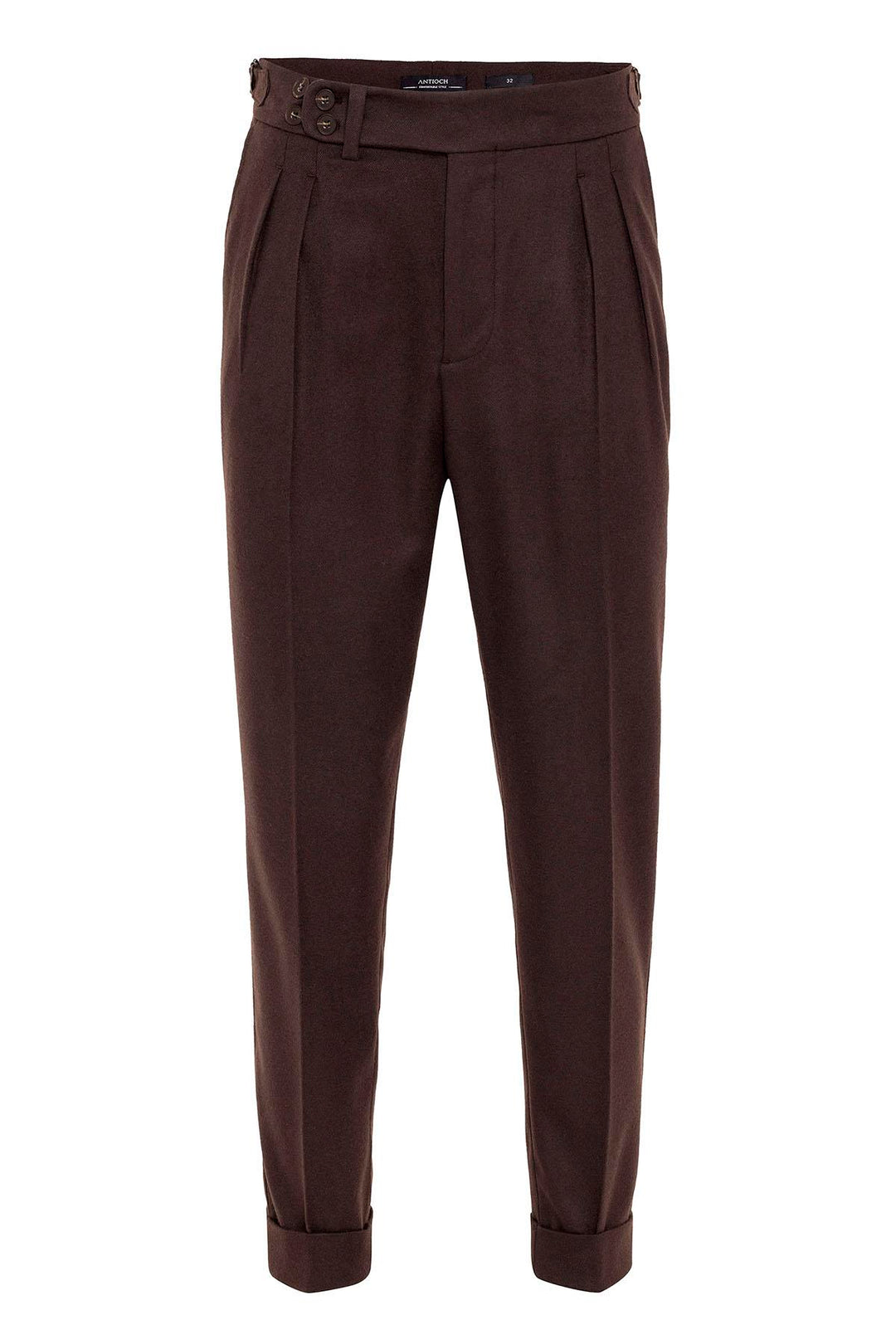 Men's Brown Wool Look High Waist Pleated Pants - Wessi