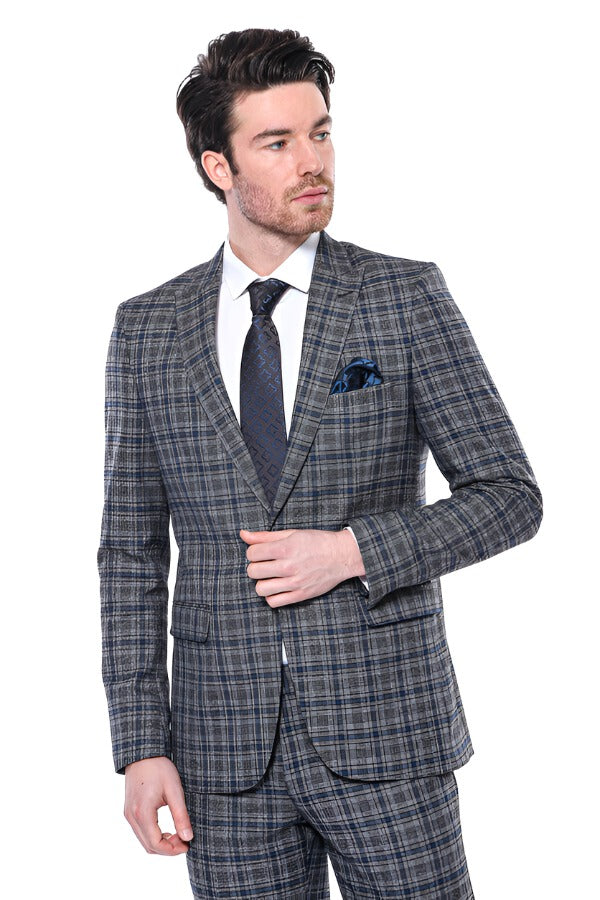 Blazer Homme Bleu Marine Coupe Slim à Carreaux - Wessi
