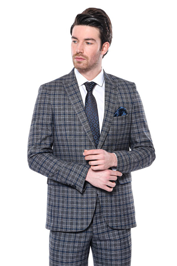 Blazer Homme Bleu Marine Coupe Slim à Carreaux - Wessi