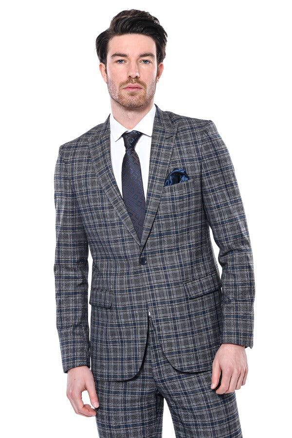 Blazer Homme Bleu Marine Coupe Slim à Carreaux - Wessi