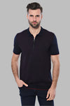 Dark Blue Plaid Zippered Knitted Polo T-Shirt - Wessi